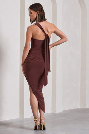 This Way Chocolate Brown One Shoulder Ruched Asymmetric Open-Back Maxi Dress